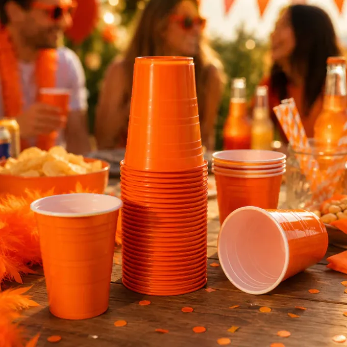 Bekers Beer Pong plastic oranje – 12 stuks (455 ml)
