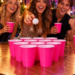 Bekers Beer Pong plastic roze – 12 stuks (455 ml)