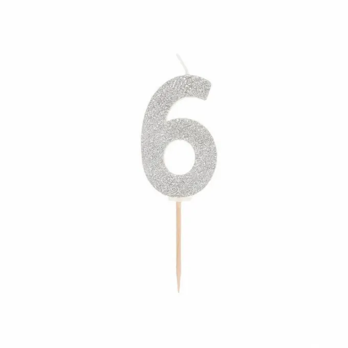 Cijferkaarsje 6 zilver glitter – 1 stuk