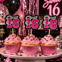 Cocktailprikkers Sweet 16 zilver/roze/zwart - 10 stuks