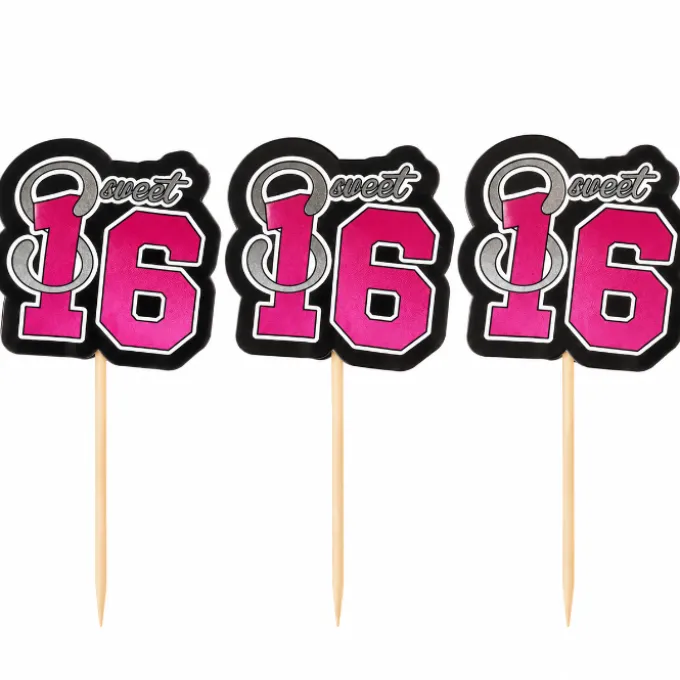 Cocktailprikkers Sweet 16 zilver/roze/zwart - 10 stuks