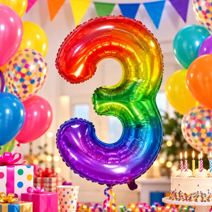 Folieballon cijfer 3 regenboog - 80 cm