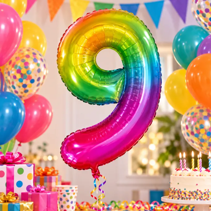 Folieballon cijfer 9 regenboog - 80 cm