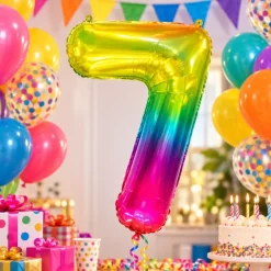 Folieballon cijfer 7 regenboog - 80 cm