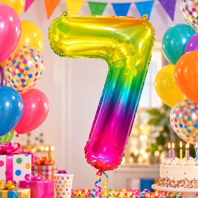 Folieballon cijfer 7 regenboog - 80 cm