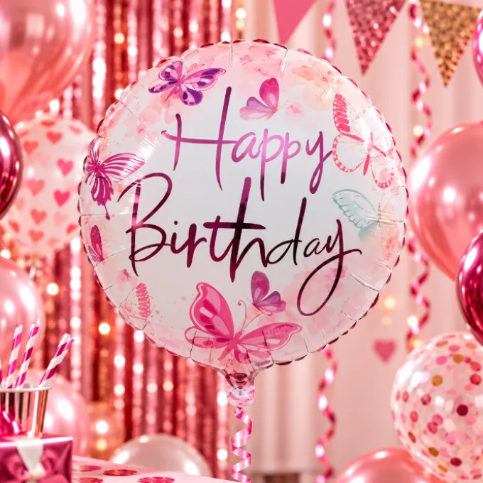 Folieballon rond Happy birthday roze - 33 cm