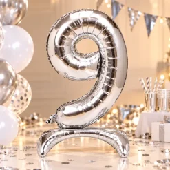 Folieballon staand 9 zilver - 68 cm