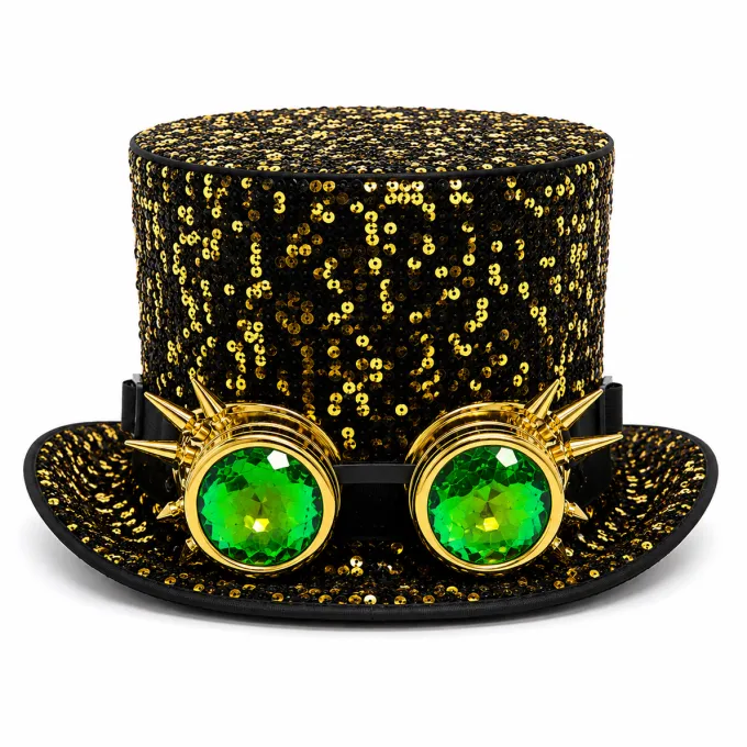 Hoed goud pailletten steampunk met bril