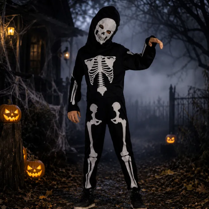 Kostuum Halloween skelet jongen zwart/wit 120-130cm