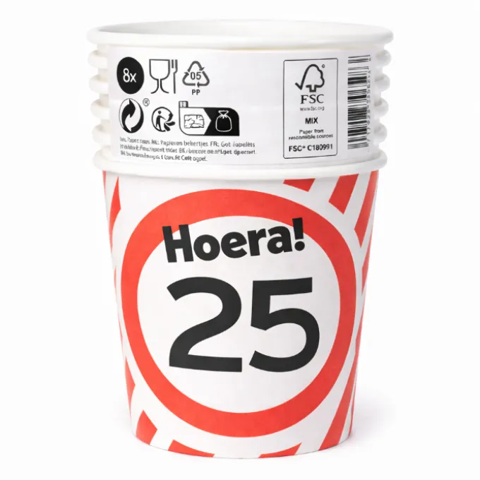 Papieren bekers verkeersbord 25 jaar - 250ml 8x