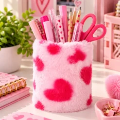 Pennenbakje pluche hartjes roze/rood