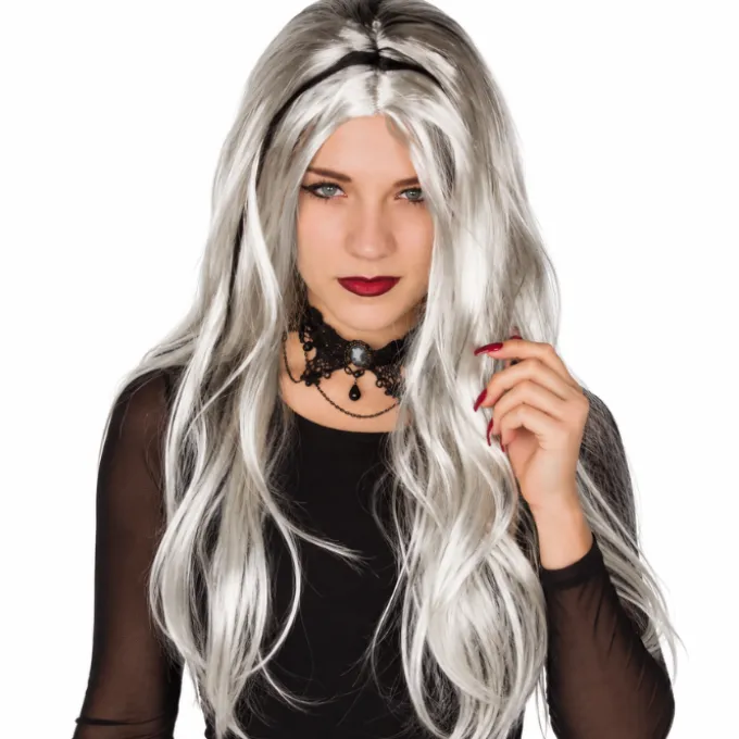 Pruik White Widow grijs lang