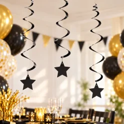 Swirls hangdecoratie sterretjes zwart 6 stuks