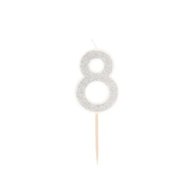 Taartkaarsje cijfer 8 glitter zilver