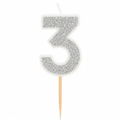 Taartkaarsje cijfer 3 glitter zilver