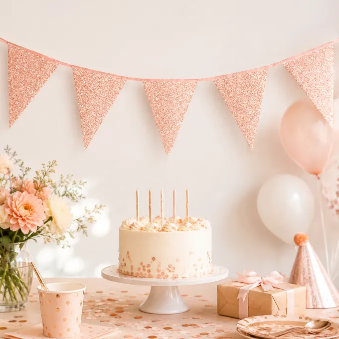 Vlaggenlijn glitter roségoud groot - 6m (10 vlaggen)
